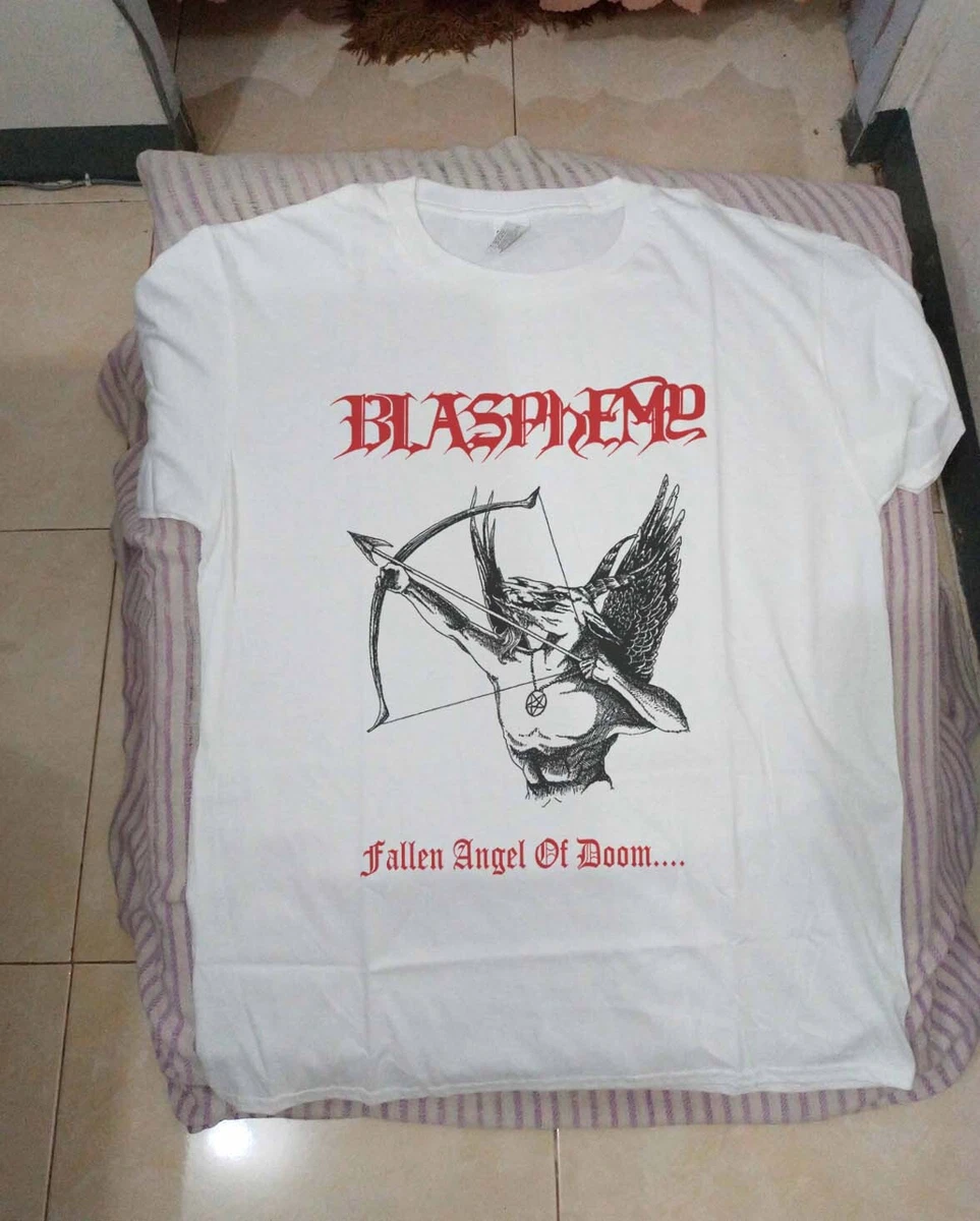 Blasphemy T shirt tee Fallen Angel of Doom back print White