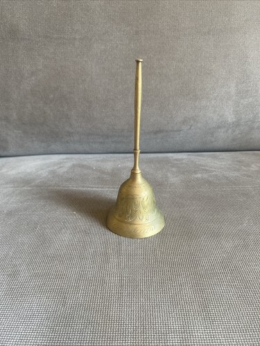 Vintage 6” Etched Brass Bell Made In India Hand Bell Ringer Dinner Table