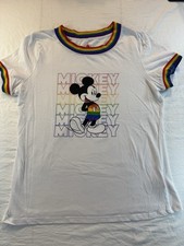 Disney Parks Ringer T-Shirt Women's Size Large White Rainbow Trim Mickey Mouse