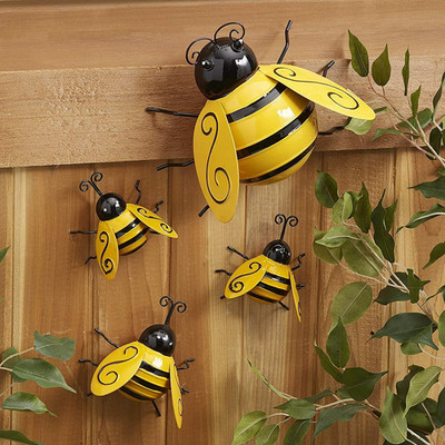 Metal Wall Art, 4PCS Metal Bumble Bee Wall Decor, 3D Iron Bee Art Sculpture Hang