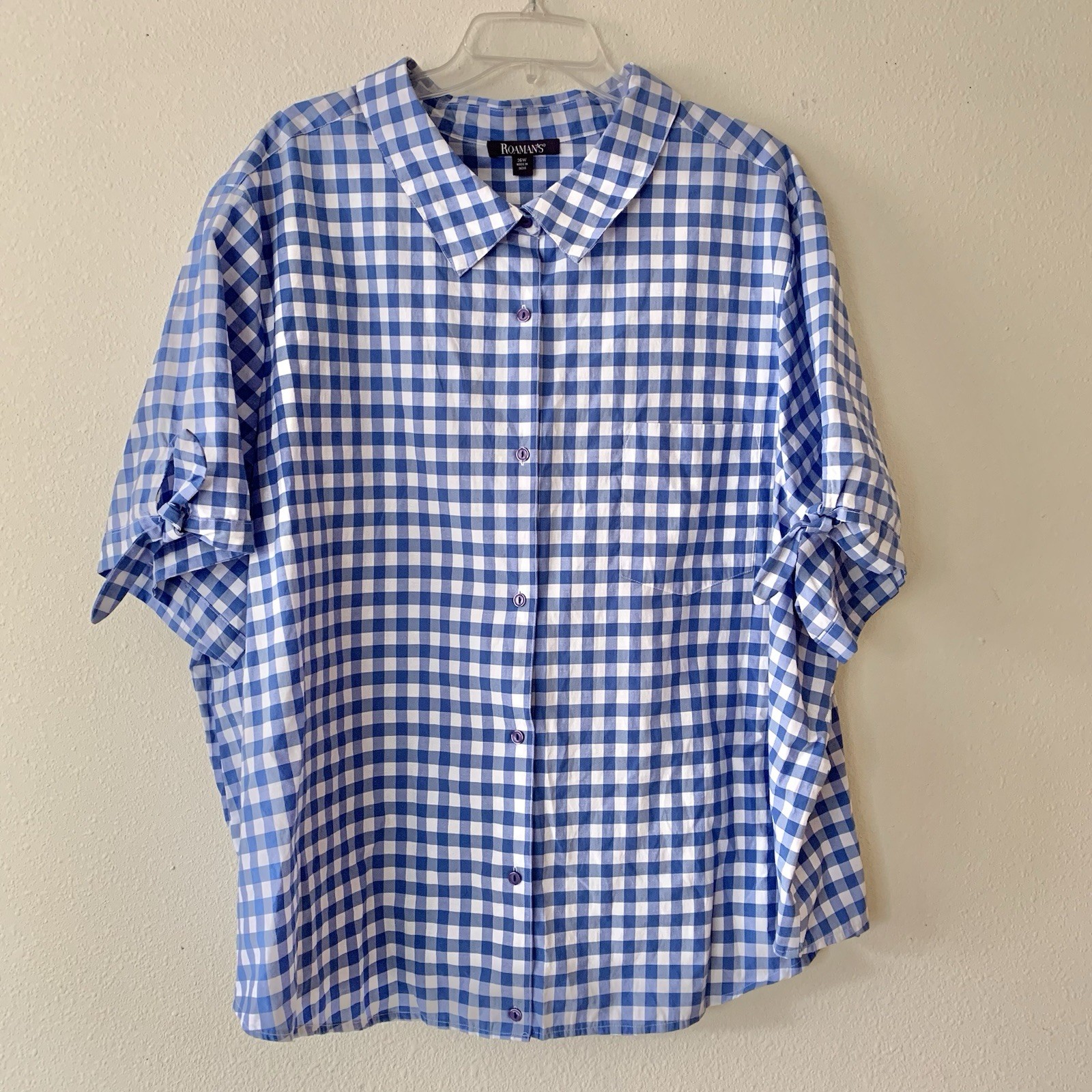 Roaman’s Women’s Short Sleeve Button Up Top Blue White Check Shirt 36W