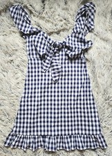 Women's SHEIN Navy & White Checkered Ruffle Sleeveless Tie Front Mini Dress SZ S