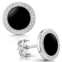 Materia Onyx Ohrstecker Schwarz Rund Flach Damen Ohrringe 925 Silber Zirkonia