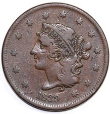 1839 1c N-13 Booby Head Matron Head Large Cent F-VF Detail