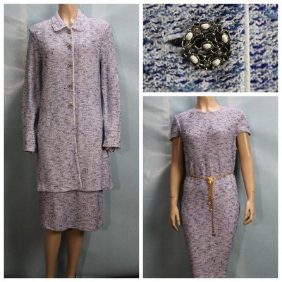 St. John Collection Blue Jacket Dress L Size 12 10 2pc Suit Multicolor Pockets