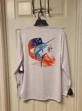 GUY HARVEY Men's Light Gray Performance LS Swordfish Shirt NEW SZ XL - USA FLAG