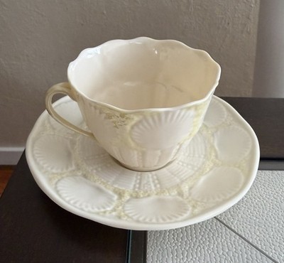 Vintage Belleek Ireland Porcelain Shell Yellow Ivory Cup & Saucer