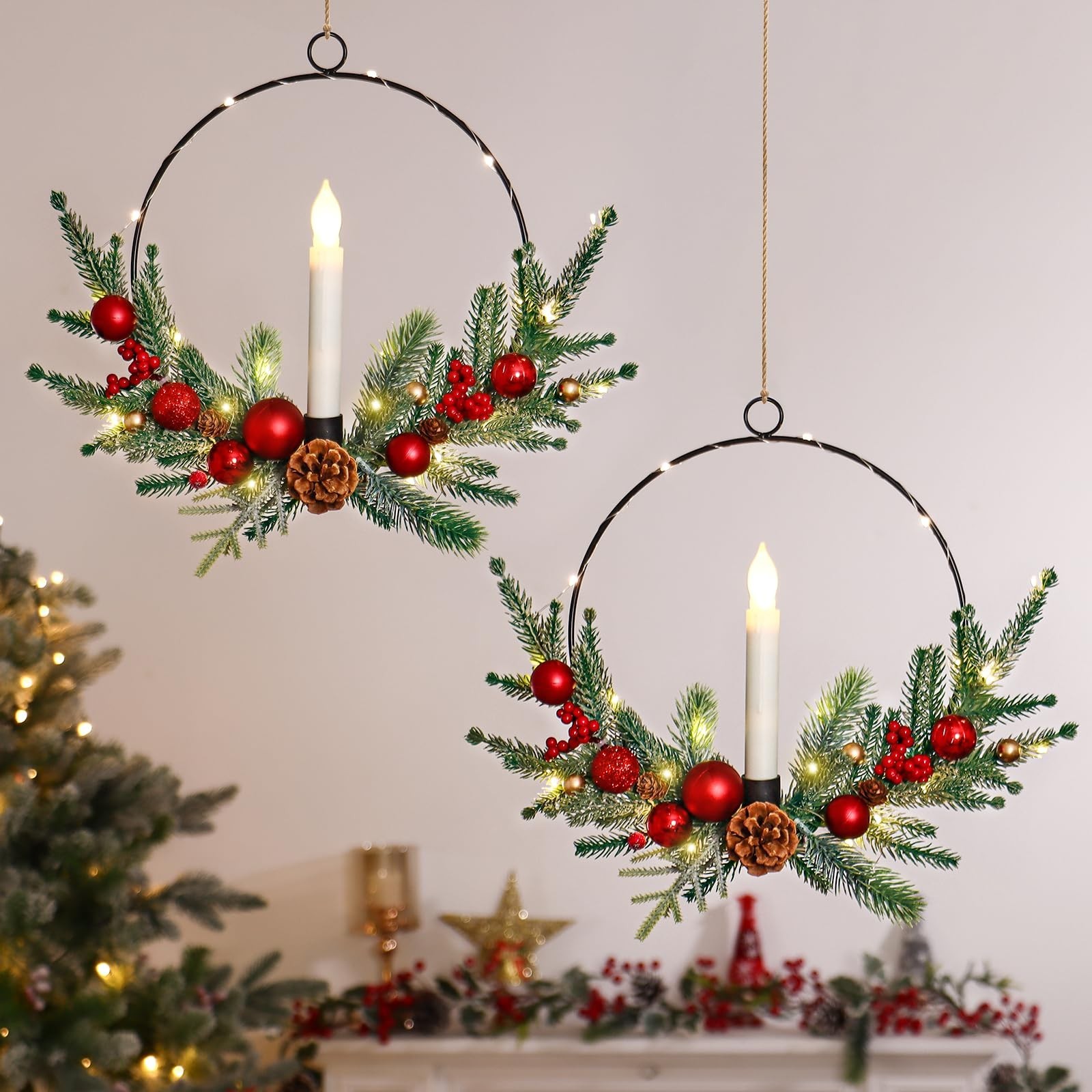 2Pack 16inch Christmas Wreath with Taper Candle Lights Christmas Wreath Outdo...