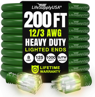 200Ft Outdoor/Indoor Extension Cord 12/3 Gauge Extra Heavy Duty 3 Prong SJTW, Wa