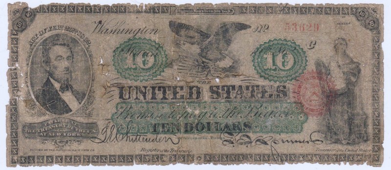 1862 Ten Dollar Legal Tender First Obligation Large Size Note $10 Bill F-93