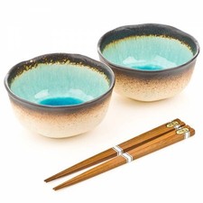 Bols Japonais Nouille Soupe - Bleu-craquelé Glaçure Céramique Set