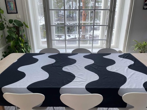 Marimekko Lokki Fabric Tablecloth, Grey Wave Print Curtain, Fabric Panel