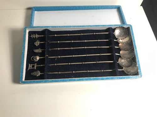 6 Japanese Sterling Silver 950 Ice Tea Spoons in Box