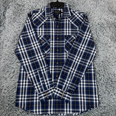 Pendleton Adult Shirt Medium Blue White Button up Frontier Pearl Snap Plaid Mens