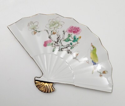 Vintage Otagiri Dish Ming Garden Porcelain Hand Fan Painted Bird W/ Flowers Gold