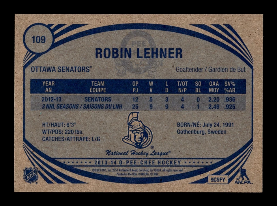 PWE READ stock photo . 2013-14 opc o-pee-chee retro #109 robin lehner - Image 2 of 2