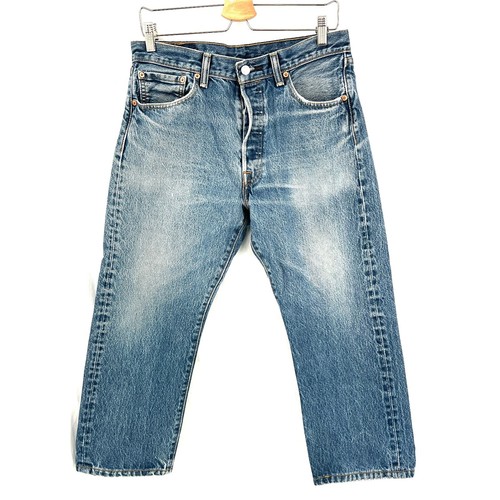 Levi's 501 classic straight leg button fly jeans boho unisex high rise 34 HEMMED