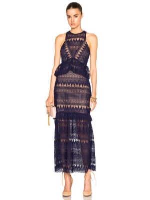 Self Portrait NEW Teardrop Guipere Paneled Maxi Dress In Navy Size US 10