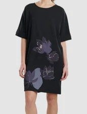 N Natori Women's Black Knit Crepe Unlined Embroidered T-Shirt Dress Size M