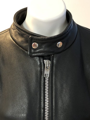 Vintage Black Leather Motorcycle Jacket 46 XL Cafe Racer Biker Heavy US Flag Men - Picture 2 of 18