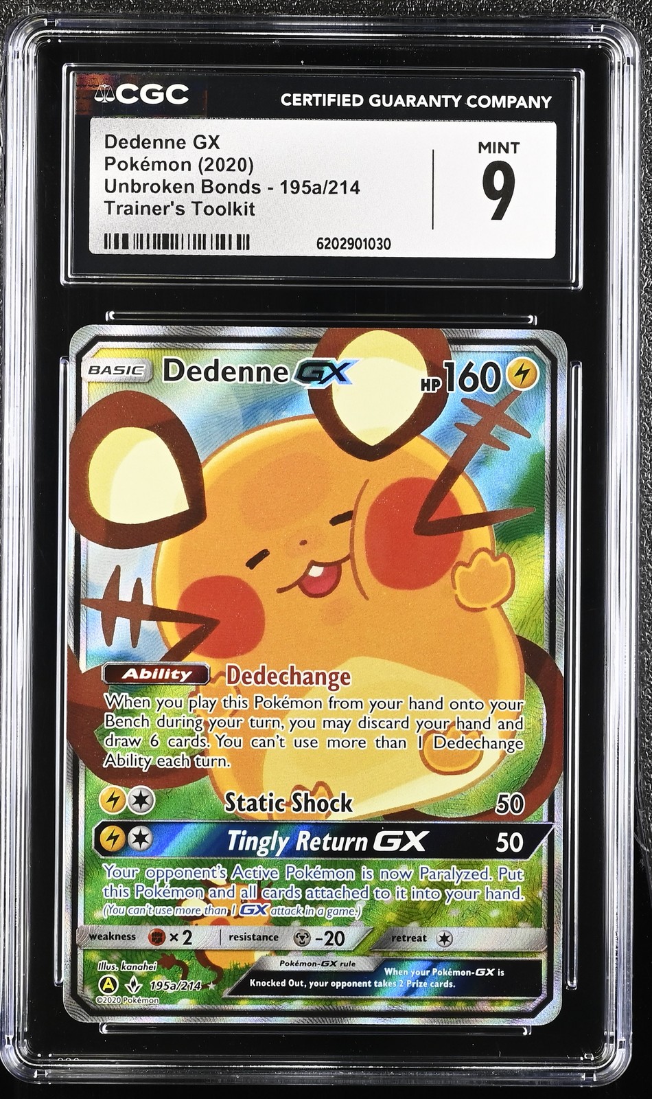 DEDENNE GX 195A/214 TRAINER'S TOOLKIT UNBROKEN BONDS POKEMON CGC 9 MINT