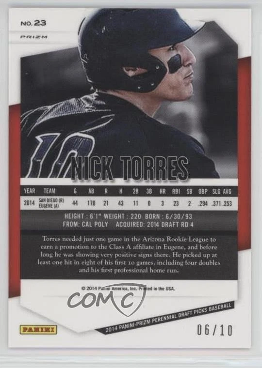 2014 Panini Prizm Perennial Draft Picks Gold Prizm /10 Nick Torres #23 - Image 2 of 2