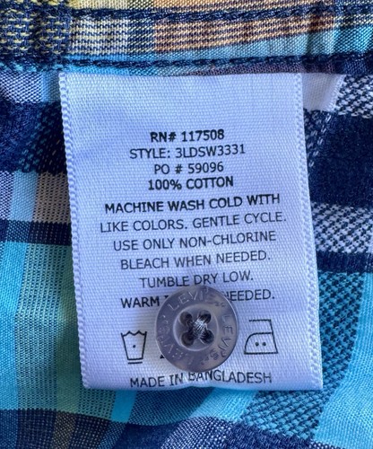 Levis Mens Shirt Pearl Snap Short Sleeve Blue Green Yellow Pink Plaid Size Large - Picture 10 of 19