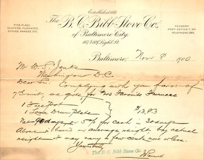B C Bibb Stove Co 1900 Letterhead Baltimore MD Furnace Price Quote Cast Iron