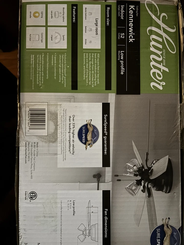 Ventilador de techo Hunter Kennewick 52 pulgadas negro mate con hojas de roble gris claro montaje al ras Foto 2 de 4