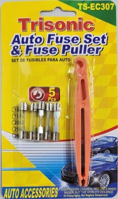 Auto Glass Tube Fuse Set w/ Fuse Puller   5 Piece Assorted Car Fuses   New