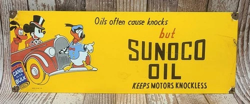 Vintage SUNOCO OIL Disney Mickey Mouse LARGE Porcelain Metal Advertising Sign