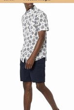 AMAZON ESSENTIALS MENS SHORT-SLEEVE STRETCH Navy White Palm Leaf Button Up L