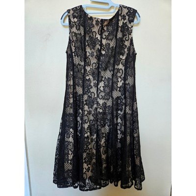 Y2k Level Eight Black Floral Lace Sleeveless A-Line Cocktail Dress Sz 14 Nude