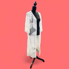 Kimono Long White Sheer Lace Open Duster Cardigan Fairy Cottage Coquette ADIVA