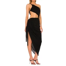 NBD Black One Shoulder Asymmetrical Cut-out Sona Slit Midi Dress Size Small NWT