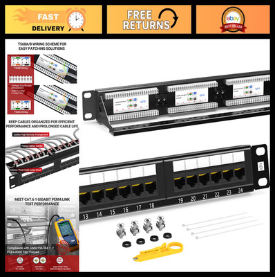 24-Port CAT6 Patch Panel - 1U Rack Mount, 19'' RJ45 Ethernet, Gold Plated, Cable