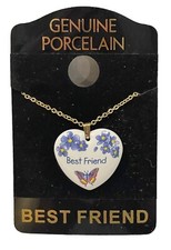 GENUINE PORCELAIN HEART NECKLACE 16" GOLD CHAIN BEST FRIEND FLOWERS  BUTTERFLY