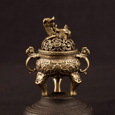 Antique Brass Three Legs Qilin Head Chinese Ancient Beast Censer Solid Cop-YR
