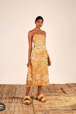 Farm Rio Caramel Raining Bananas Linen Midi Halter Tropical Dress Sz Small S