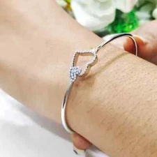 Heart Cuff Bangle Bracelet 1Ct Round Lab Created Diamond 14K White Gold Plated