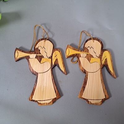 Vintage Paar Balsaholz Trompetenwinkel Christbaumschmuck