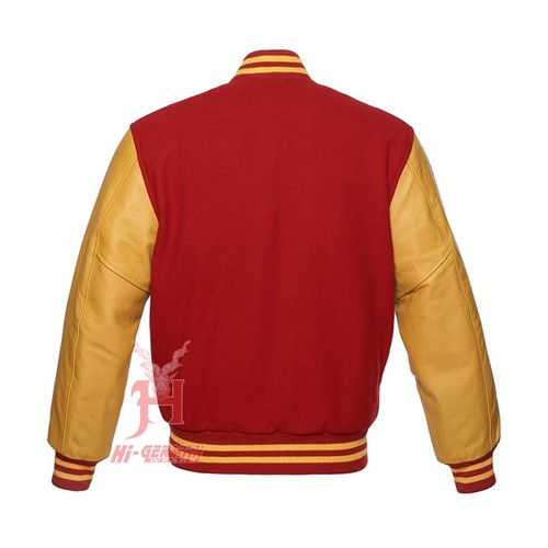 Giacche Maniche Varsity Uomo Letterman Baseball Lana Rossa Vera Oro Pelle - Foto 2 di 6