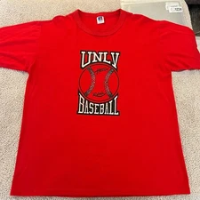 VINTAGE Russell UNLV Baseball Hustlin Rebels Shirt Adult Large L Red 15 90s USA