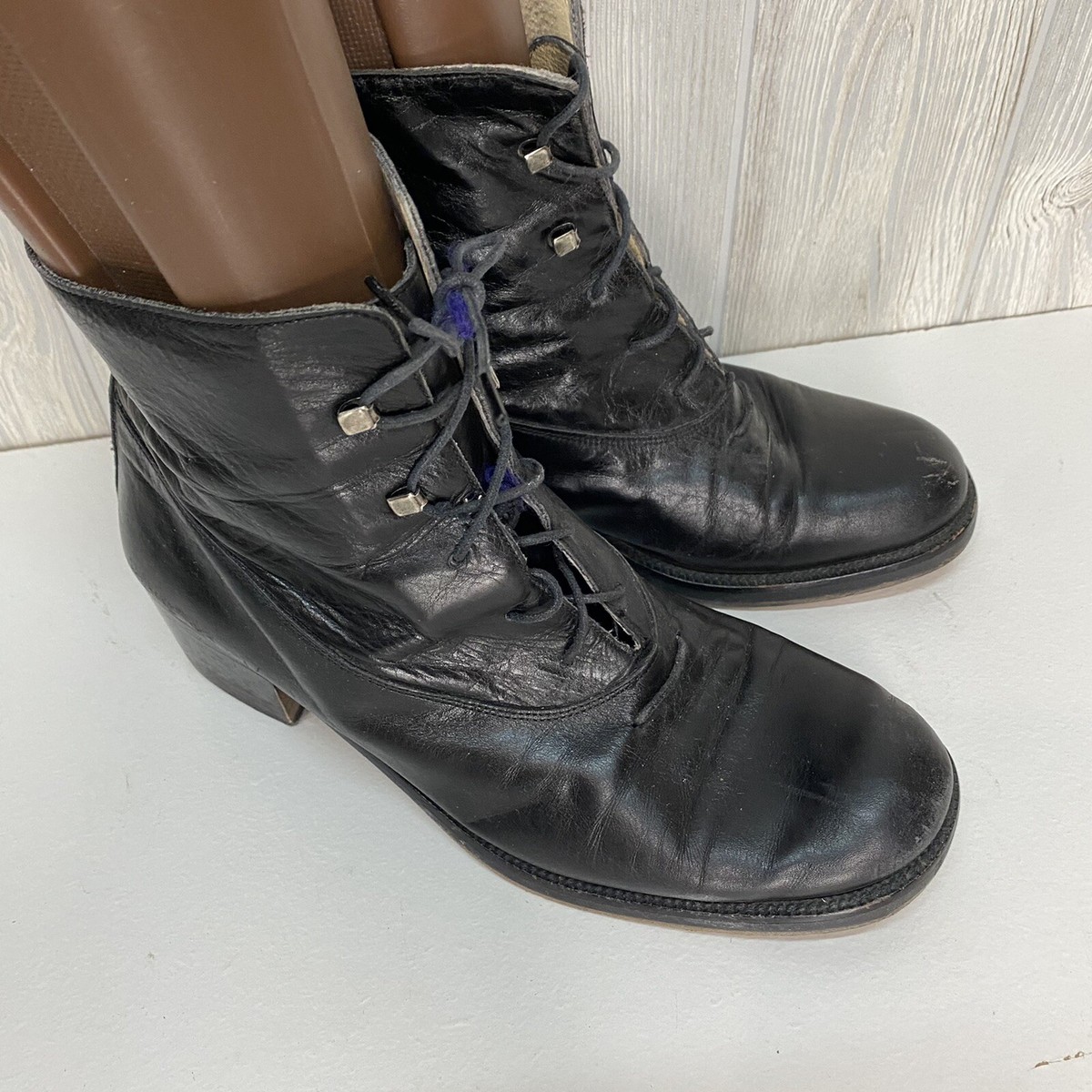 Vintage 80's Black Leather Granny Ankle Boots Lace Up Sz 7