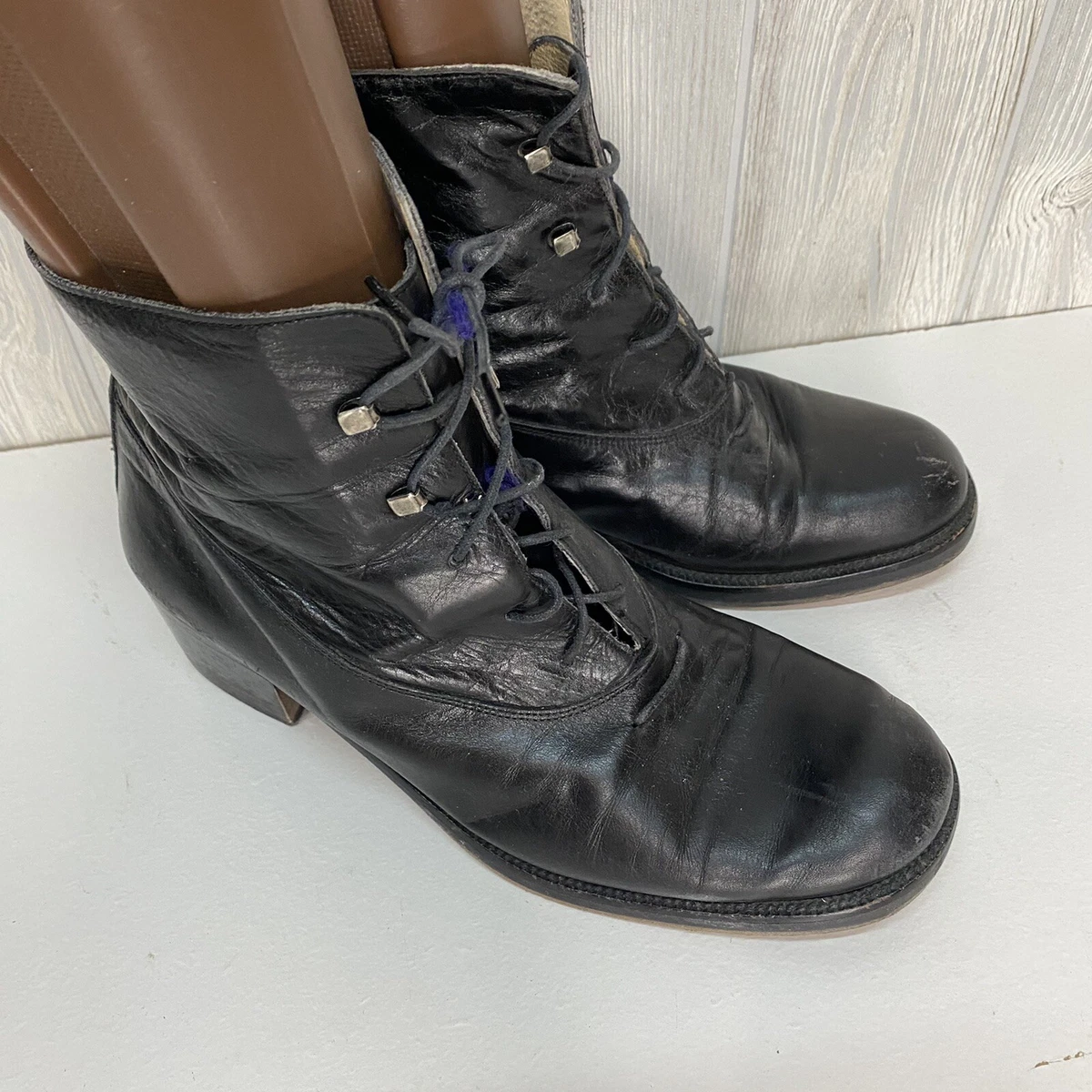 Vintage 80's Black Leather Granny Ankle Boots Lace Up Sz 7-7.5 37.5 Italy