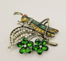 GRASSHOPPER on Flower Brooch Enamel Rhinestone At Deco 2.5 in Red Eye