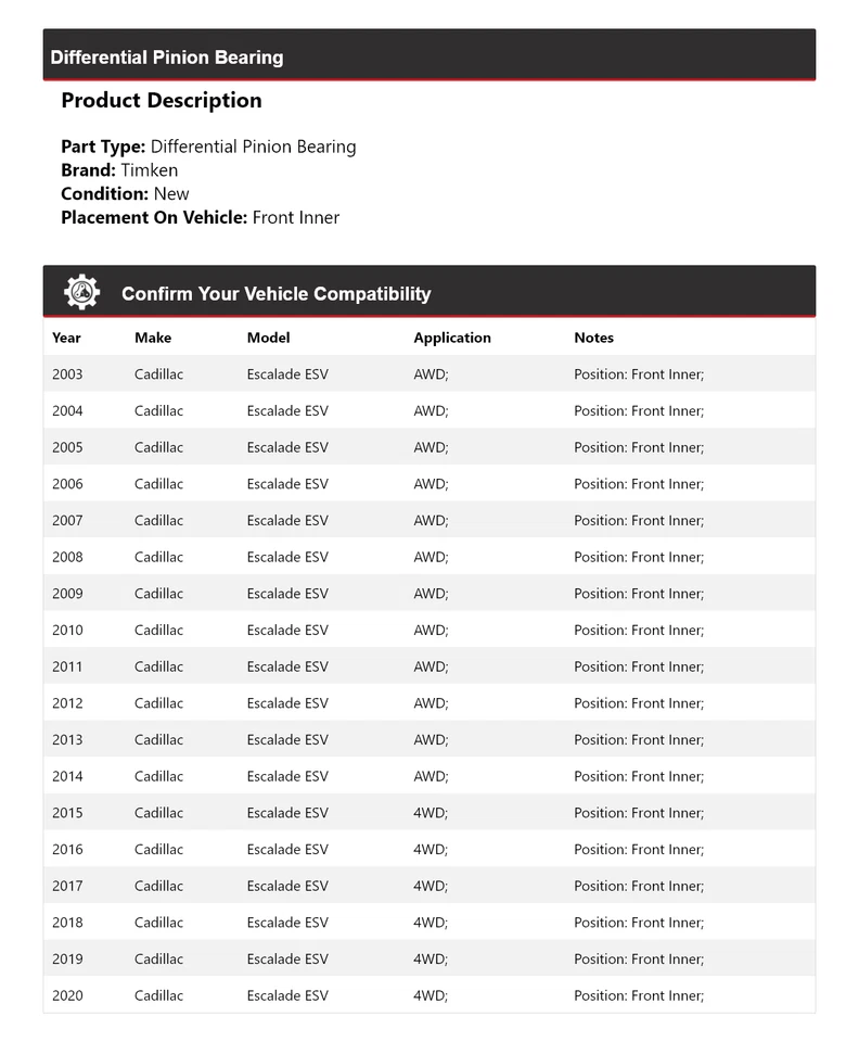 Cojinete de piñón diferencial delantero interior Timken para Cadillac Escalade ESV 2003-20 Foto 2 de 4