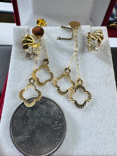 New 18K 750 Fine Yellow Real Gold Dangle & 14K Real Diamond Earring 2 Set 5.6grm - Picture 14 of 23