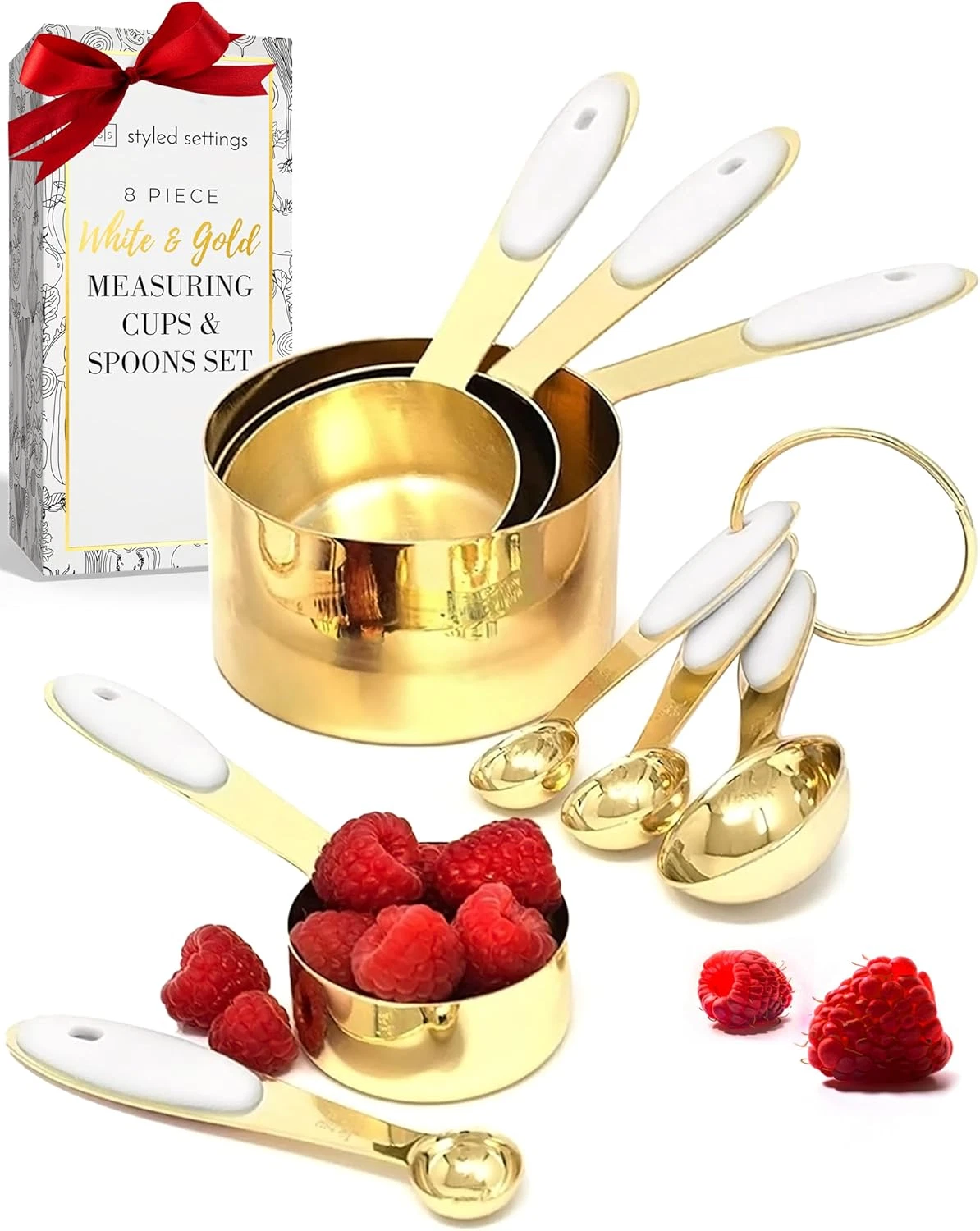 White & Gold Measuring Cups and Spoons Set - 8PC Stackable Stainless Steel Measu