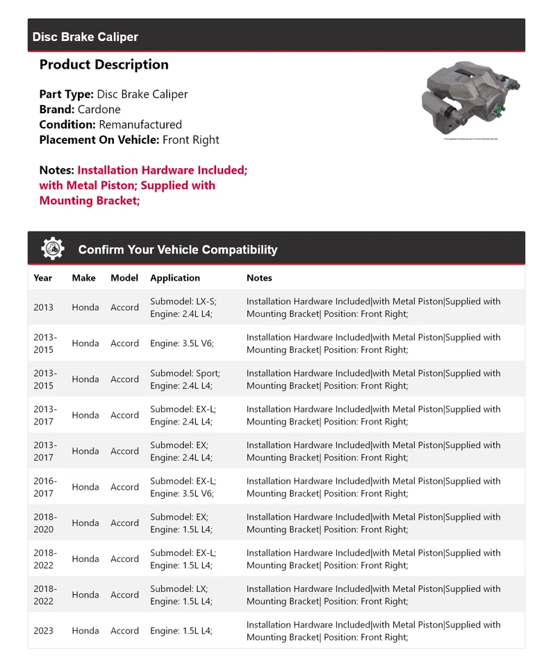 For 2013-2023 Honda Accord Disc Brake Caliper Front Right Cardone 2014 2015 2016 - Imagem 2 de 4